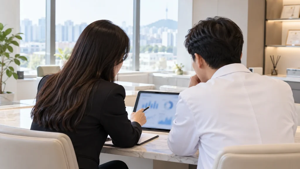 밝은 미팅룸에서 태블릿 그래프를 보며 마케팅 운영 방향을 상담하는 두 사람
